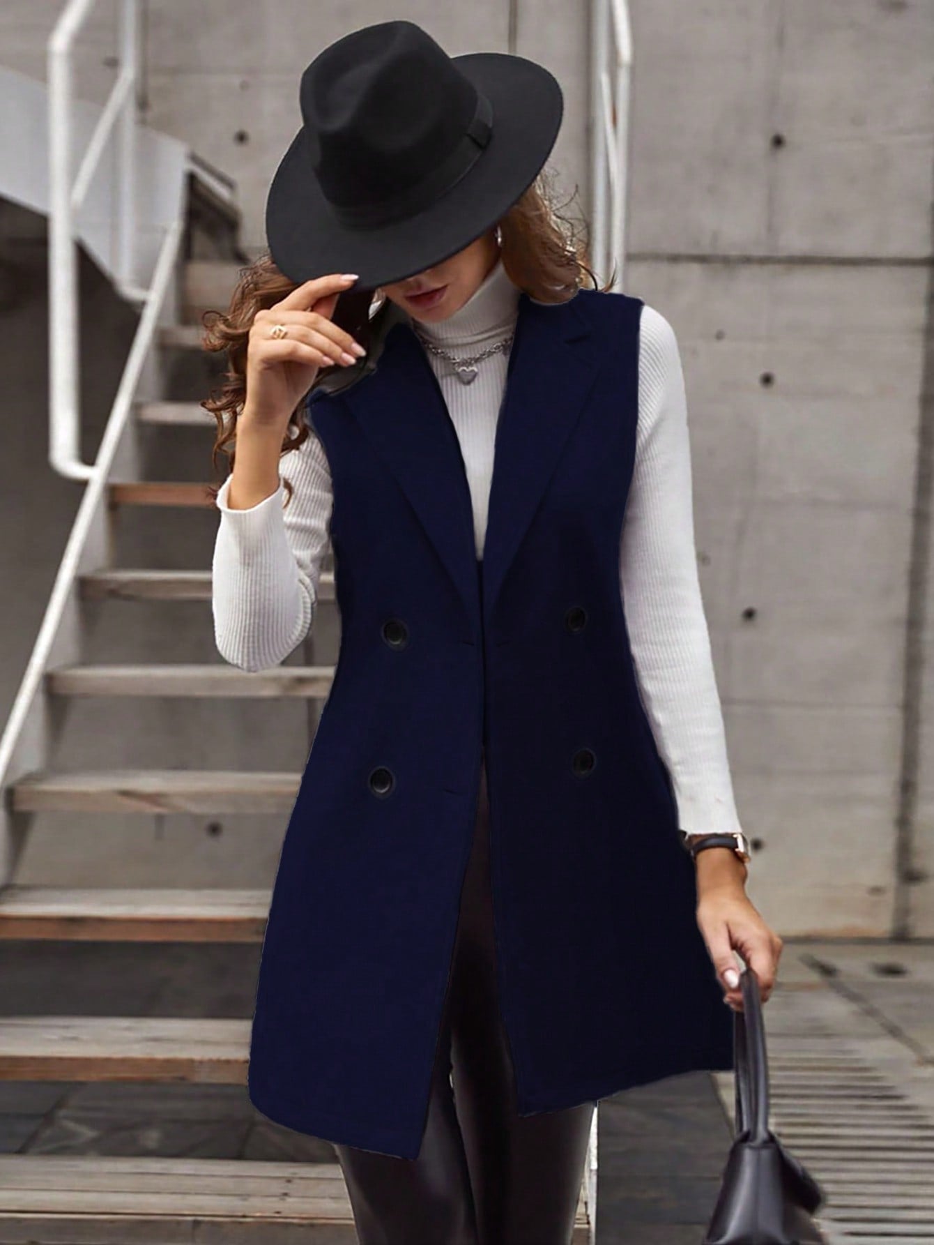 LUNE Casual Solid Color Double-Breasted Sleeveless Wool Coat, Autumn/Winter - WestLine Apparel