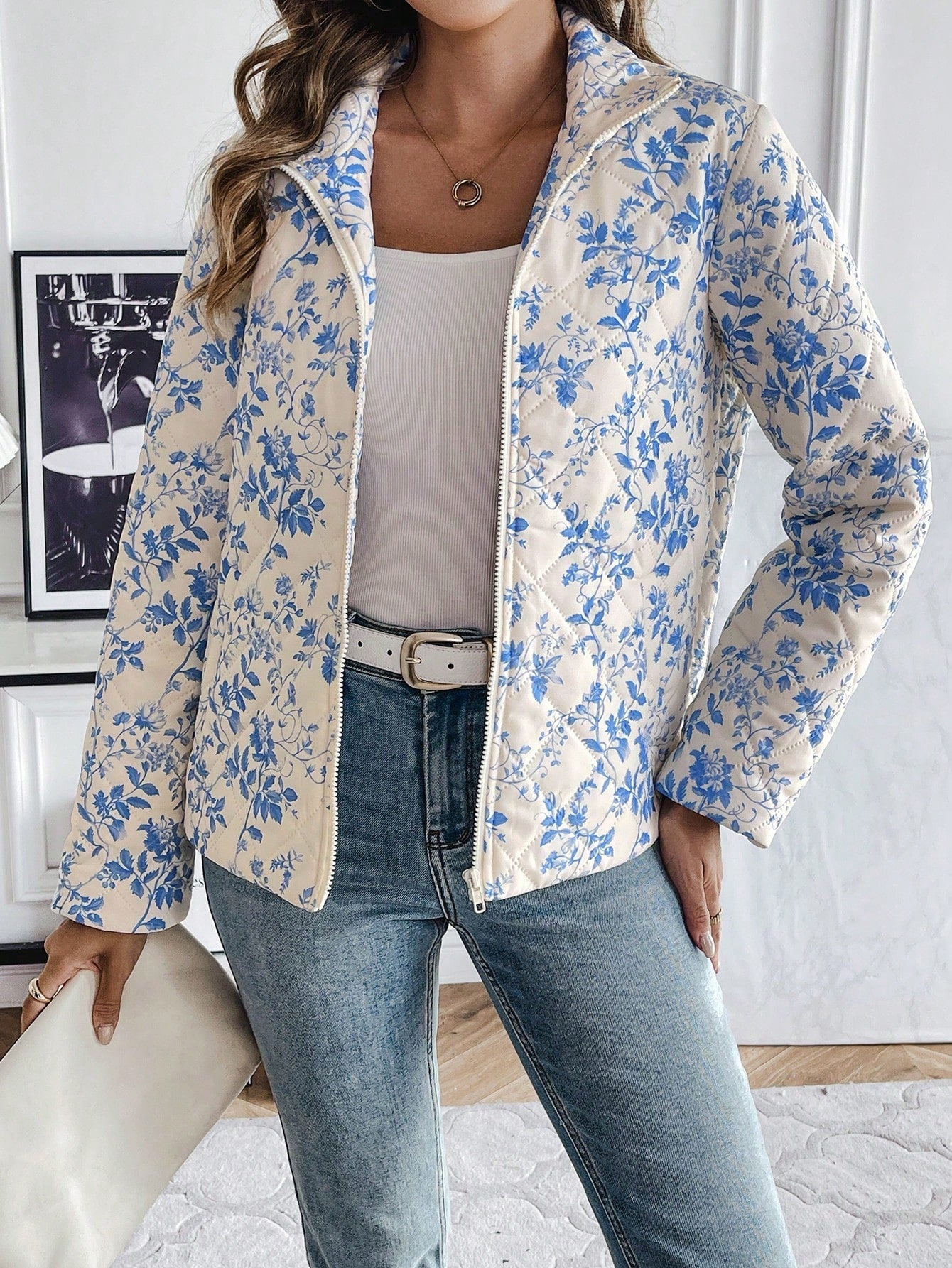 LUNE Ladies' Thin Padded Diamond Quilted Stand Collar Long Sleeve Padded Coat With Zipper Closure - WestLine Apparel