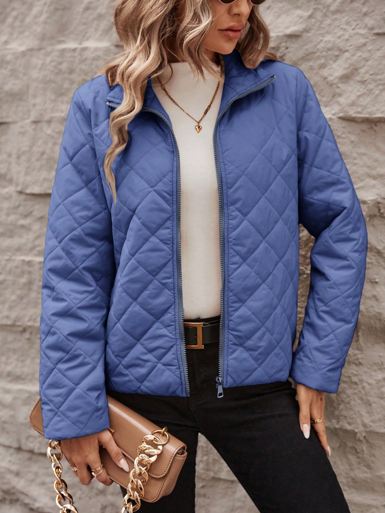 LUNE Ladies' Thin Padded Diamond Quilted Stand Collar Long Sleeve Padded Coat With Zipper Closure - WestLine Apparel