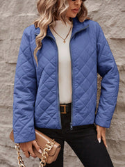 LUNE Ladies' Thin Padded Diamond Quilted Stand Collar Long Sleeve Padded Coat With Zipper Closure - WestLine Apparel