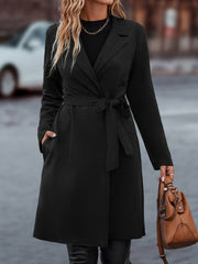 LUNE Lapel Neck Slant Pockets Open Front Belted Coat - WestLine Apparel