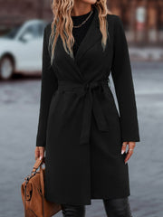 LUNE Lapel Neck Slant Pockets Open Front Belted Coat - WestLine Apparel