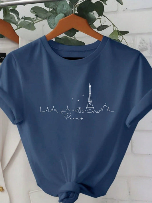 LUNE Paris Scenery Silhouettes Women's T-Shirt, Paris Cool Line Art Printed Round Neck Short Sleeve Tee, Casual - WestLine Apparel
