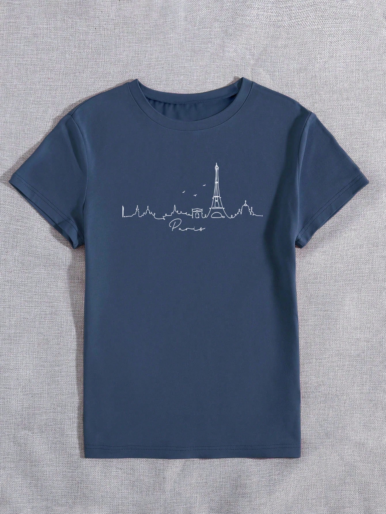 LUNE Paris Scenery Silhouettes Women's T-Shirt, Paris Cool Line Art Printed Round Neck Short Sleeve Tee, Casual - WestLine Apparel