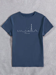 LUNE Paris Scenery Silhouettes Women's T-Shirt, Paris Cool Line Art Printed Round Neck Short Sleeve Tee, Casual - WestLine Apparel