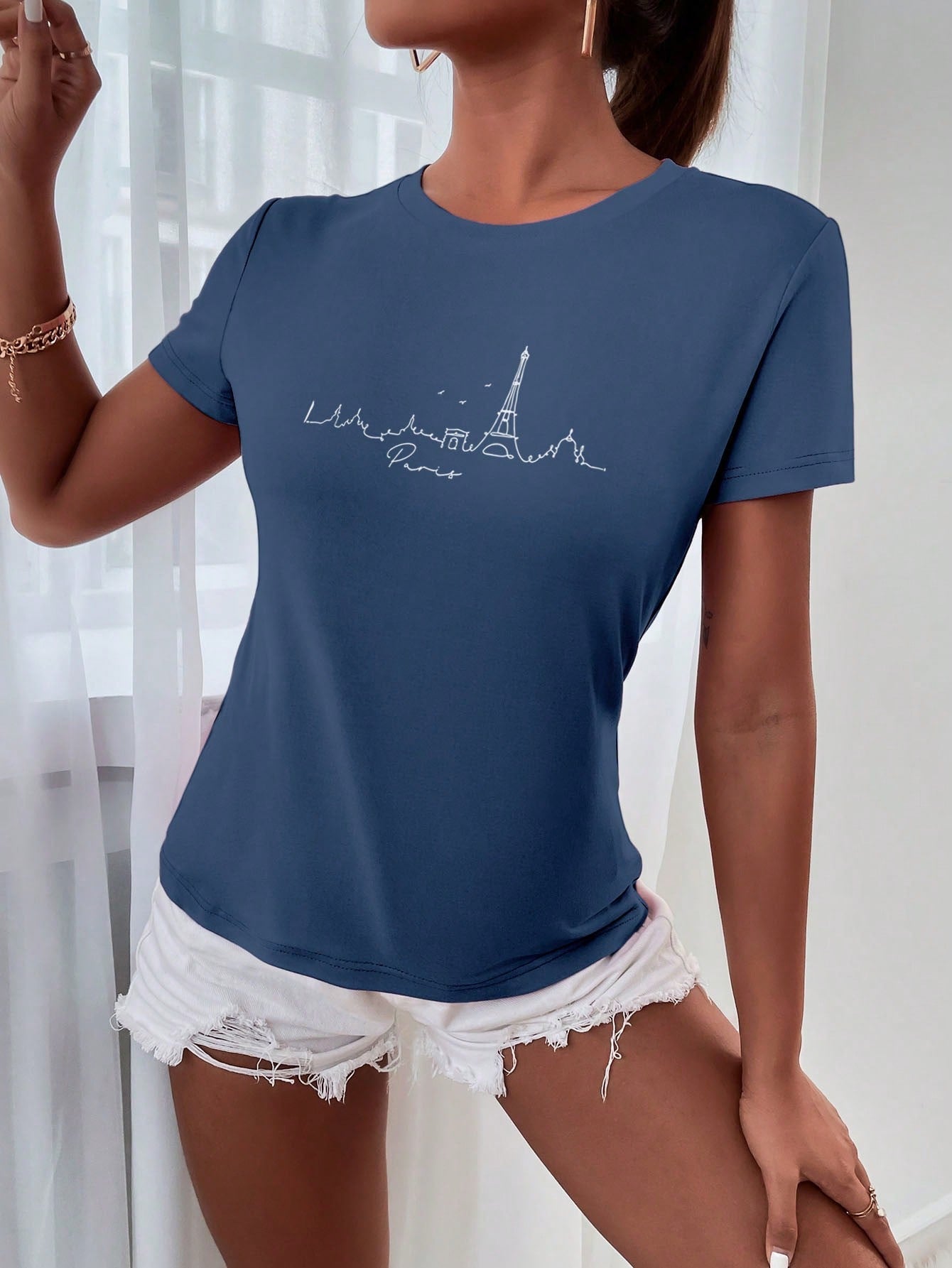 LUNE Paris Scenery Silhouettes Women's T-Shirt, Paris Cool Line Art Printed Round Neck Short Sleeve Tee, Casual - WestLine Apparel