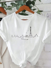 LUNE Paris Scenery Silhouettes Women's T-Shirt, Paris Cool Line Art Printed Round Neck Short Sleeve Tee, Casual - WestLine Apparel