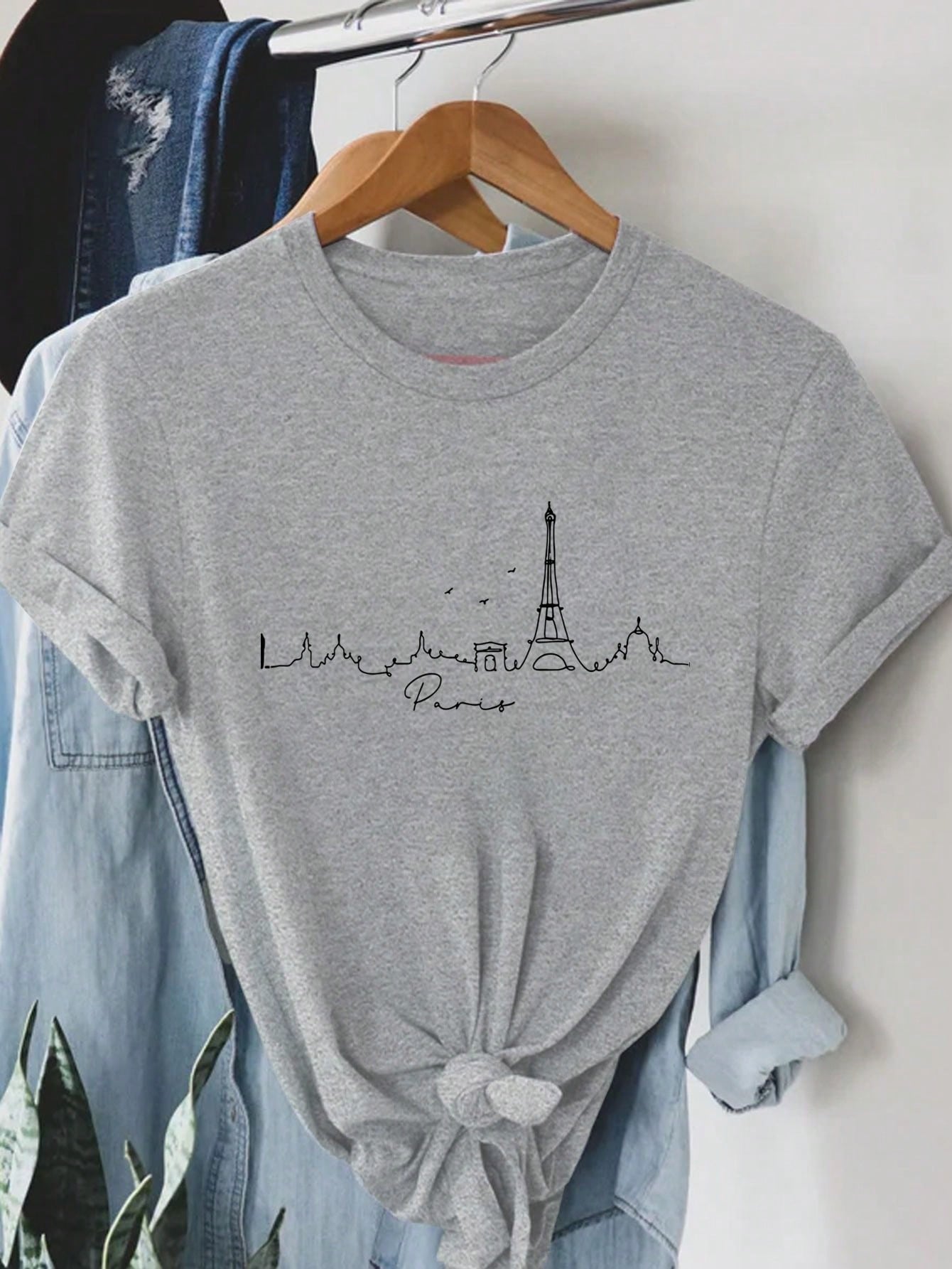 LUNE Paris Scenery Silhouettes Women's T-Shirt, Paris Cool Line Art Printed Round Neck Short Sleeve Tee, Casual - WestLine Apparel