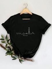 LUNE Paris Scenery Silhouettes Women's T-Shirt, Paris Cool Line Art Printed Round Neck Short Sleeve Tee, Casual - WestLine Apparel