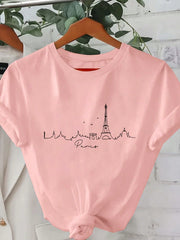 LUNE Paris Scenery Silhouettes Women's T-Shirt, Paris Cool Line Art Printed Round Neck Short Sleeve Tee, Casual - WestLine Apparel