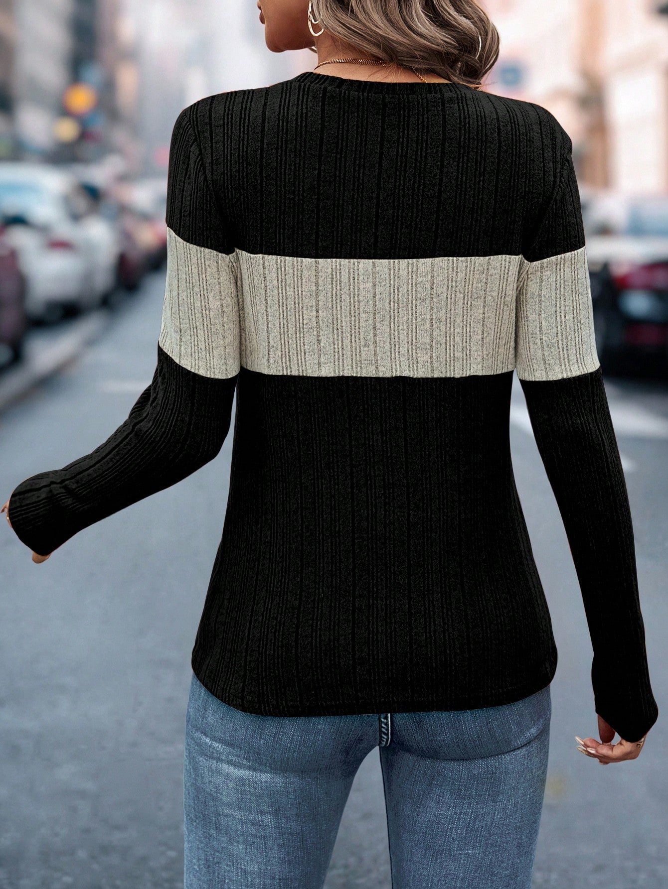 LUNE Women Black Long Sleeve T-Shirt Patchwork Fleece Lined Sweatshirt For Autumn - WestLine Apparel