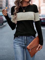 LUNE Women Black Long Sleeve T-Shirt Patchwork Fleece Lined Sweatshirt For Autumn - WestLine Apparel