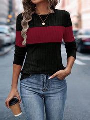 LUNE Women Black Long Sleeve T-Shirt Patchwork Fleece Lined Sweatshirt For Autumn - WestLine Apparel