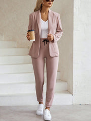 LUNE Women Grainy Texture Shawl Collar Open Front Blazer With Elastic Drawstring Waist And Cuffed Pants Suit Set - WestLine Apparel