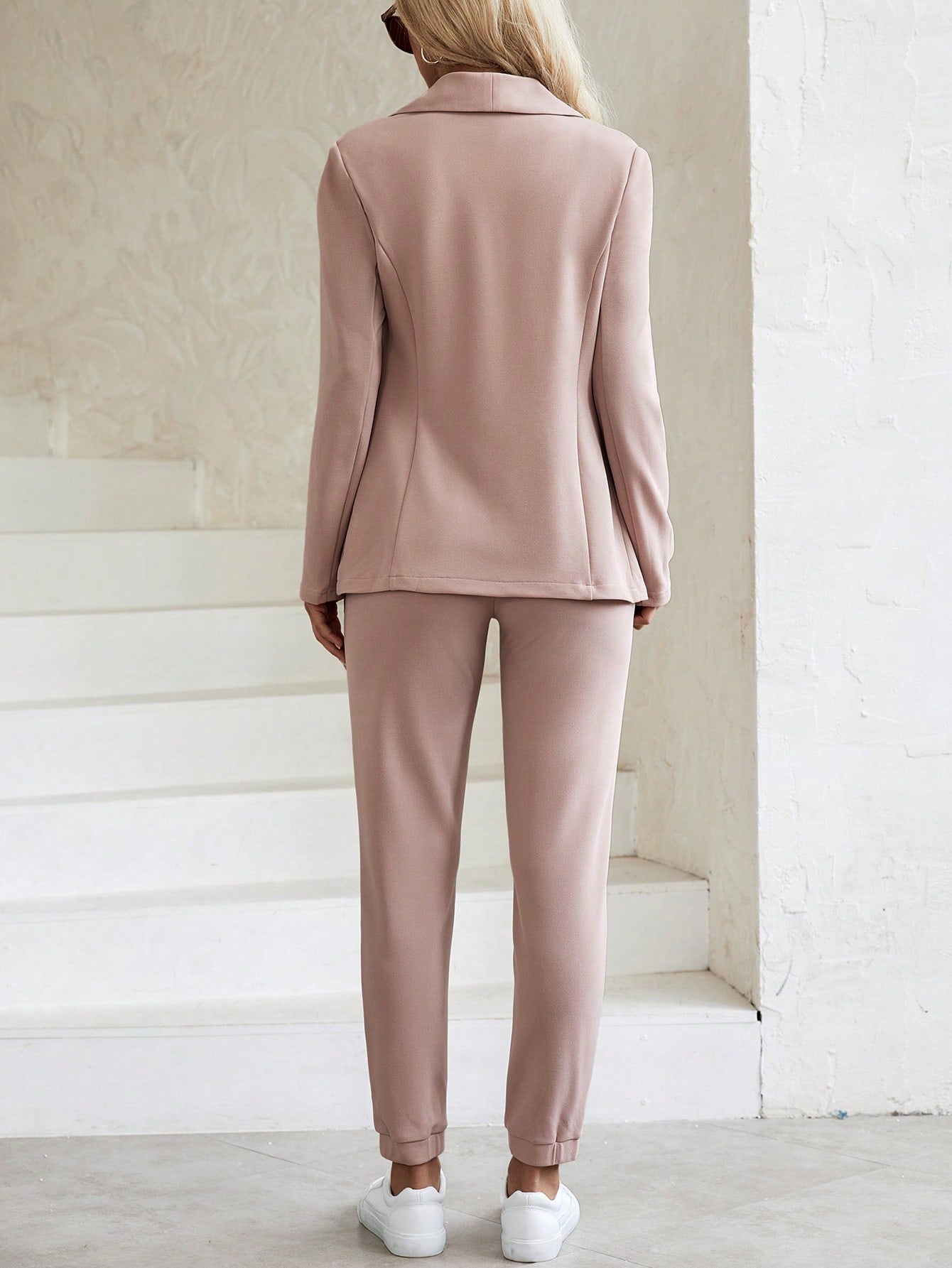 LUNE Women Grainy Texture Shawl Collar Open Front Blazer With Elastic Drawstring Waist And Cuffed Pants Suit Set - WestLine Apparel