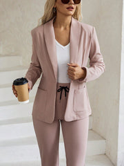 LUNE Women Grainy Texture Shawl Collar Open Front Blazer With Elastic Drawstring Waist And Cuffed Pants Suit Set - WestLine Apparel