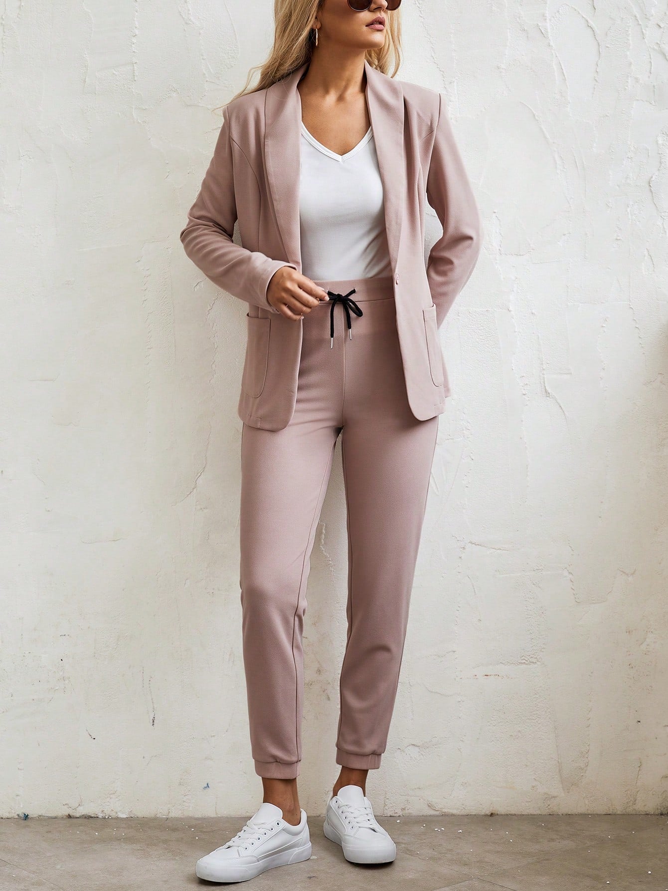 LUNE Women Grainy Texture Shawl Collar Open Front Blazer With Elastic Drawstring Waist And Cuffed Pants Suit Set - WestLine Apparel