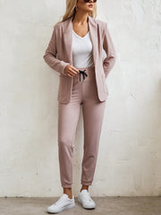 LUNE Women Grainy Texture Shawl Collar Open Front Blazer With Elastic Drawstring Waist And Cuffed Pants Suit Set - WestLine Apparel