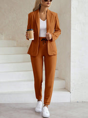 LUNE Women Grainy Texture Shawl Collar Open Front Blazer With Elastic Drawstring Waist And Cuffed Pants Suit Set - WestLine Apparel