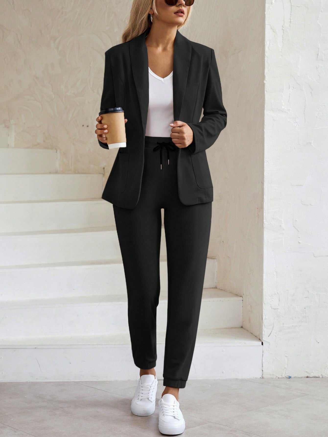LUNE Women Grainy Texture Shawl Collar Open Front Blazer With Elastic Drawstring Waist And Cuffed Pants Suit Set - WestLine Apparel