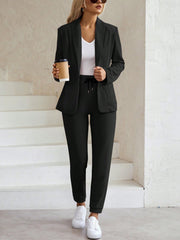 LUNE Women Grainy Texture Shawl Collar Open Front Blazer With Elastic Drawstring Waist And Cuffed Pants Suit Set - WestLine Apparel