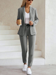 LUNE Women Grainy Texture Shawl Collar Open Front Blazer With Elastic Drawstring Waist And Cuffed Pants Suit Set - WestLine Apparel