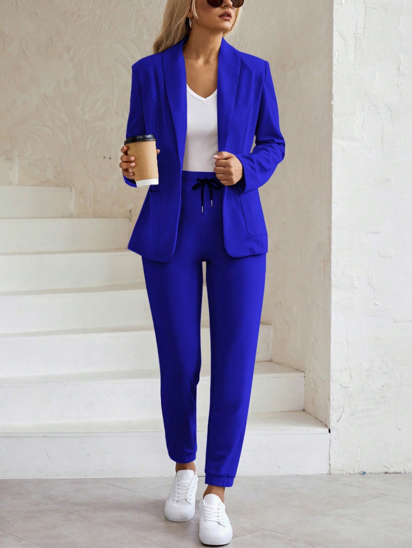 LUNE Women Grainy Texture Shawl Collar Open Front Blazer With Elastic Drawstring Waist And Cuffed Pants Suit Set - WestLine Apparel