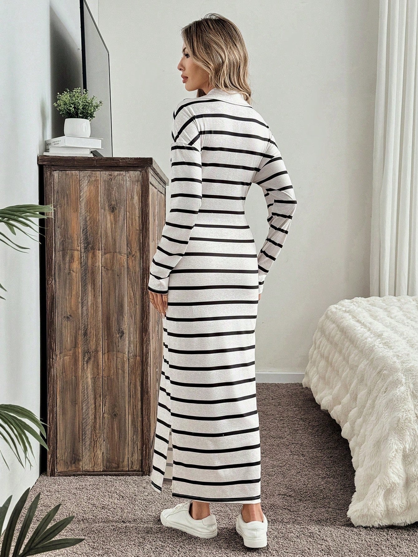 LUNE Women's Casual Striped Polo Collar Half-Zip Slit Hem Loose Retro Style Dress, Suitable For Spring, Summer, Autumn And Winter - WestLine Apparel