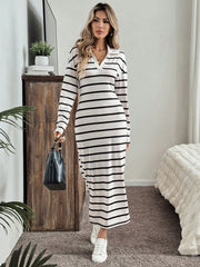 LUNE Women's Casual Striped Polo Collar Half-Zip Slit Hem Loose Retro Style Dress, Suitable For Spring, Summer, Autumn And Winter - WestLine Apparel