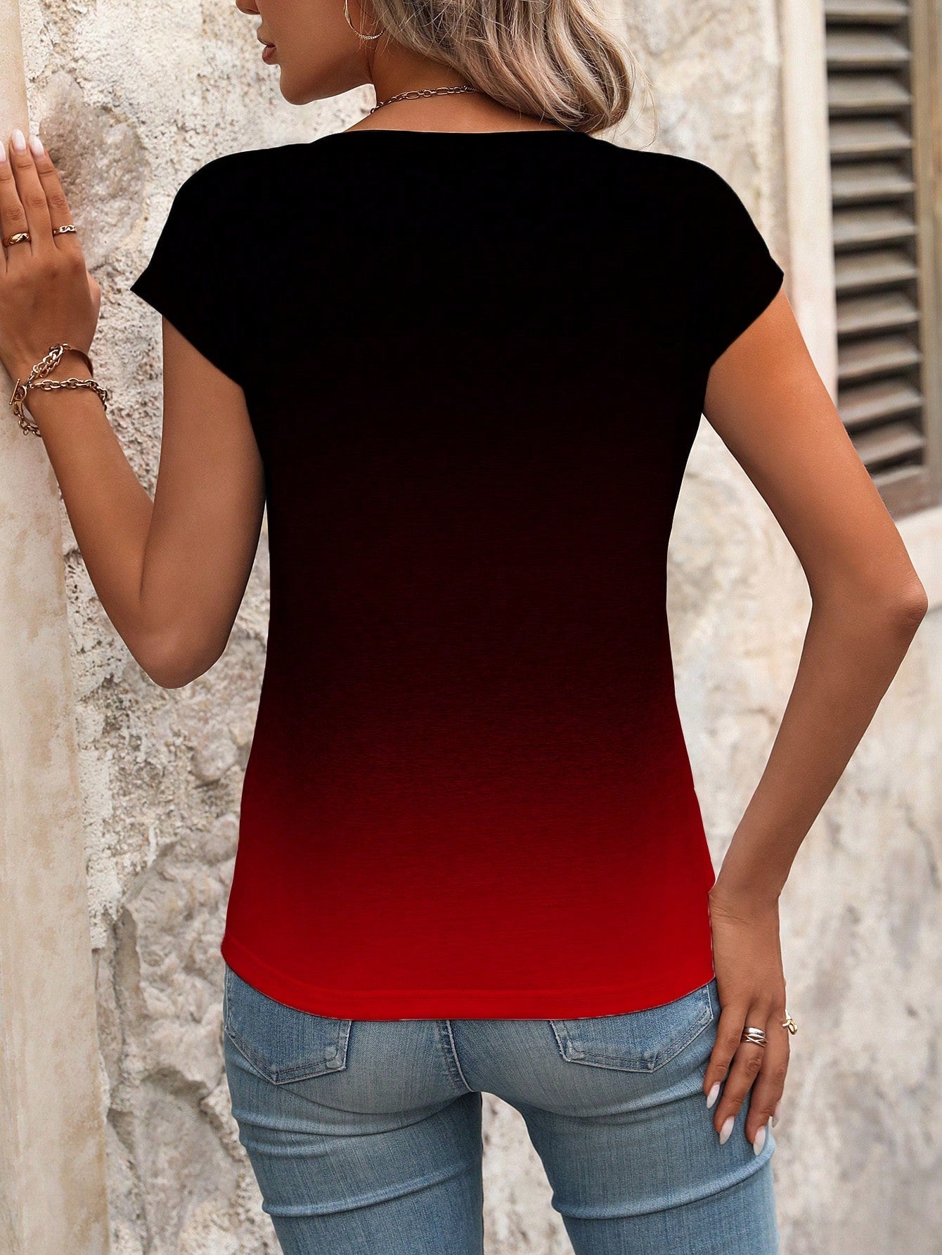 LUNE Women's Ombre V-Neck Short Sleeve Casual T-Shirt, Summer - WestLine Apparel