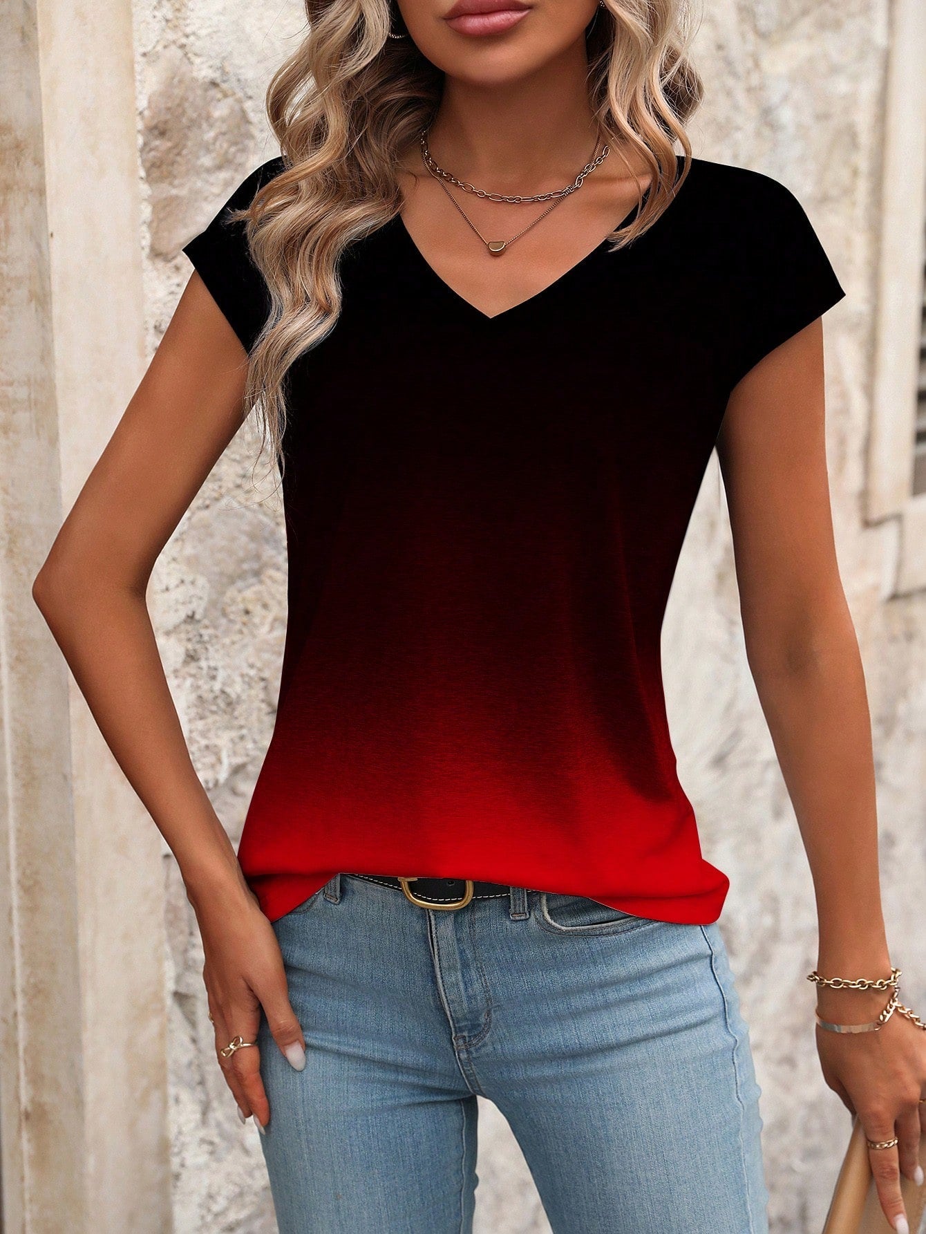 LUNE Women's Ombre V-Neck Short Sleeve Casual T-Shirt, Summer - WestLine Apparel