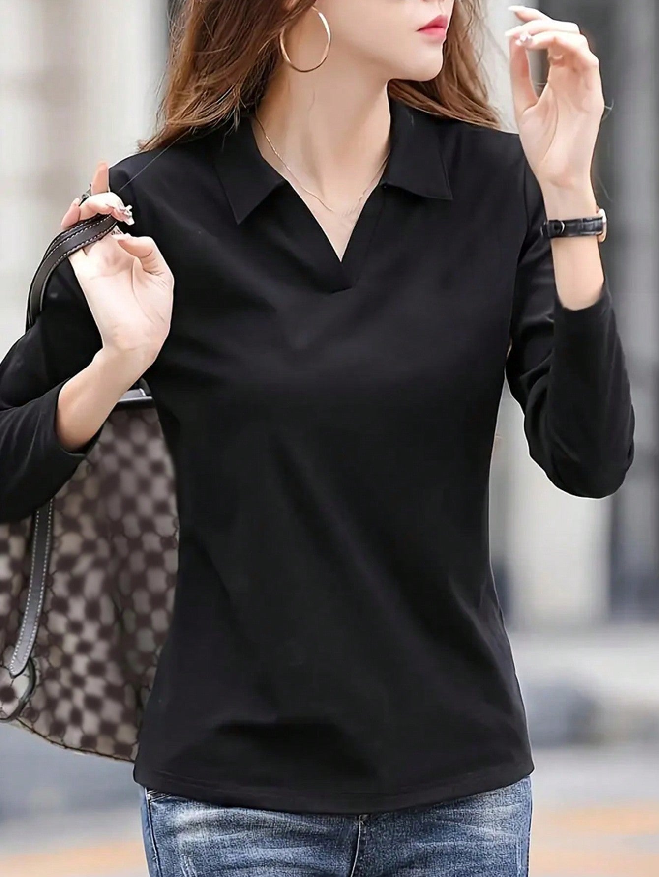 LUNE Women's Spring/Summer Solid Color Lapel Loose Fit Casual Long Sleeve T-Shirt - WestLine Apparel