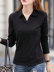 LUNE Women's Spring/Summer Solid Color Lapel Loose Fit Casual Long Sleeve T-Shirt - WestLine Apparel