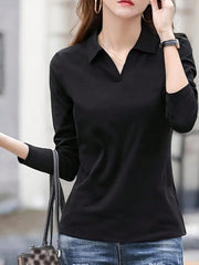 LUNE Women's Spring/Summer Solid Color Lapel Loose Fit Casual Long Sleeve T-Shirt - WestLine Apparel