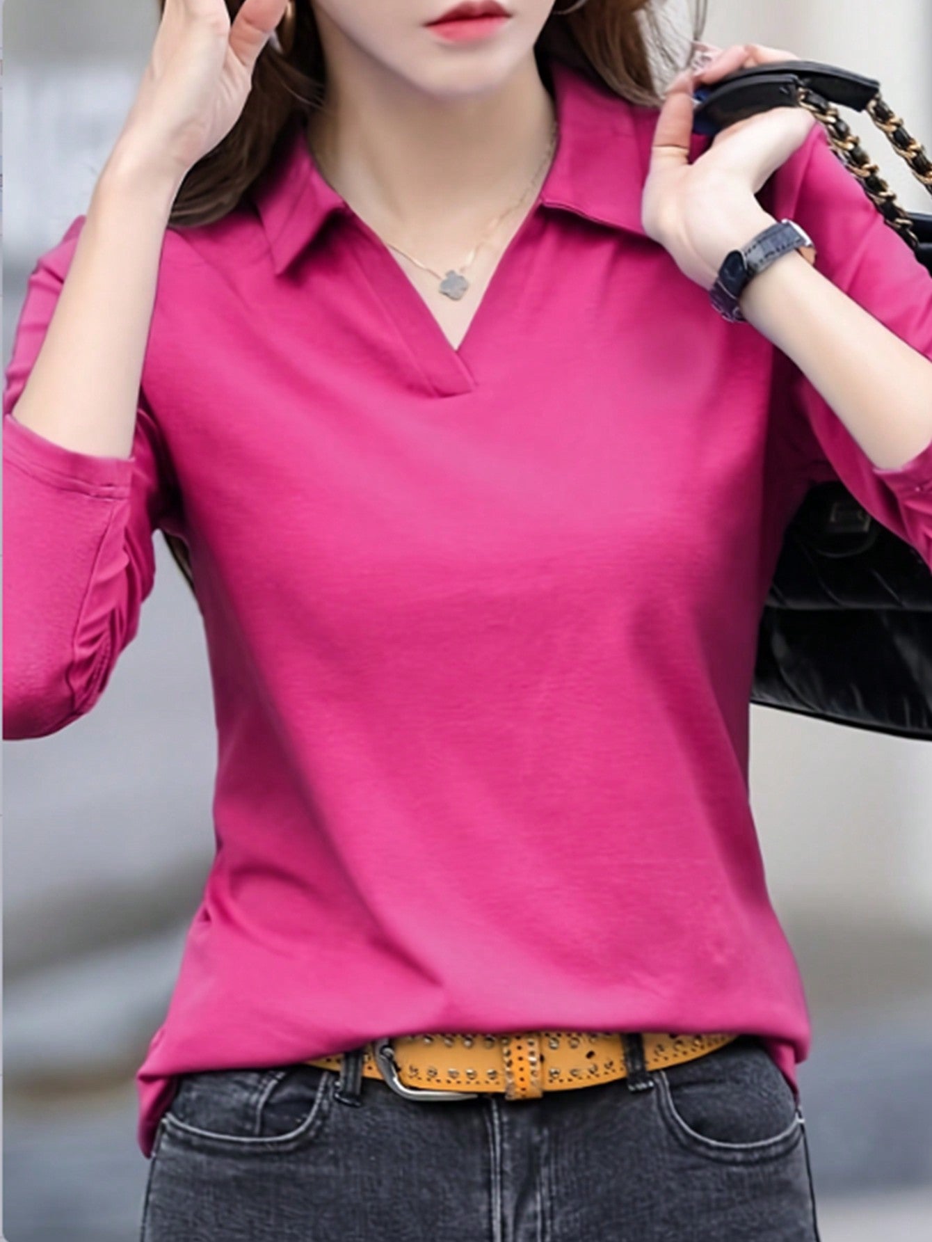 LUNE Women's Spring/Summer Solid Color Lapel Loose Fit Casual Long Sleeve T-Shirt - WestLine Apparel