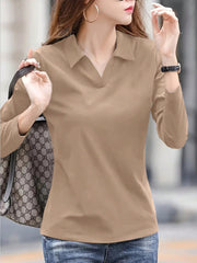 LUNE Women's Spring/Summer Solid Color Lapel Loose Fit Casual Long Sleeve T-Shirt - WestLine Apparel