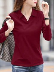 LUNE Women's Spring/Summer Solid Color Lapel Loose Fit Casual Long Sleeve T-Shirt - WestLine Apparel