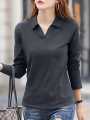 LUNE Women's Spring/Summer Solid Color Lapel Loose Fit Casual Long Sleeve T-Shirt - WestLine Apparel