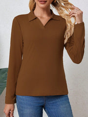 LUNE Women's Spring/Summer Solid Color Lapel Loose Fit Casual Long Sleeve T-Shirt - WestLine Apparel