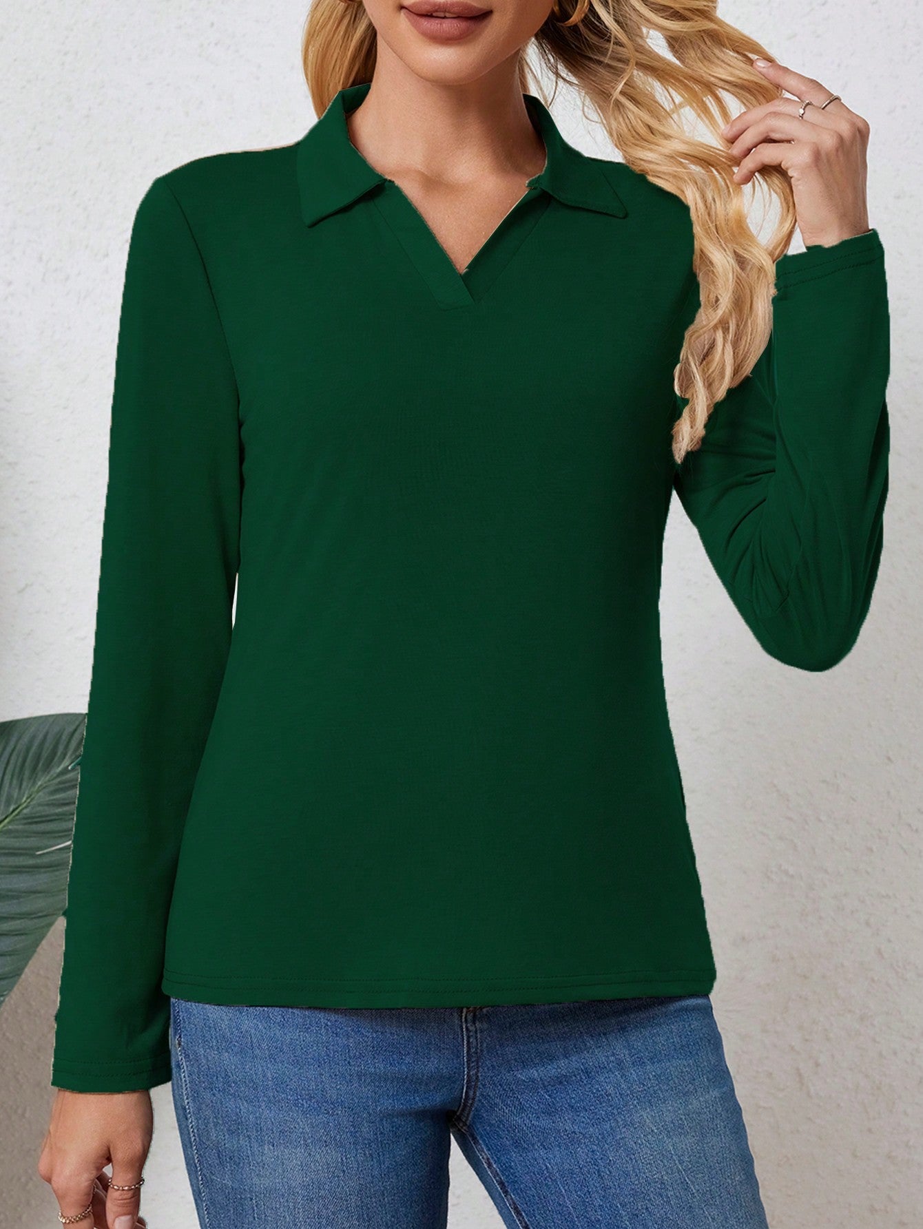 LUNE Women's Spring/Summer Solid Color Lapel Loose Fit Casual Long Sleeve T-Shirt - WestLine Apparel