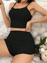Lace Splice Cami Top And Shorts Tight Sleepwear Set - WestLine Apparel