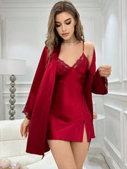 Lace Trimmed Cami Slip Dress And Robe Pajama Set - WestLine Apparel