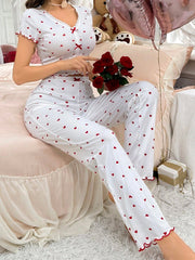 Ladies' Heart Pattern Printed Short Sleeve Pant Pajamas Set White Set - WestLine Apparel