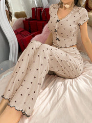 Ladies' Heart Pattern Printed Short Sleeve Pant Pajamas Set White Set - WestLine Apparel