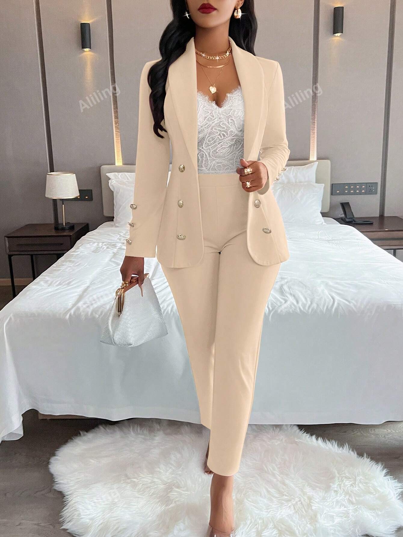 Ladies' Plain Simple Everyday Double-Breasted Long Sleeve Suit Jacket And Pants Suit Set - WestLine Apparel