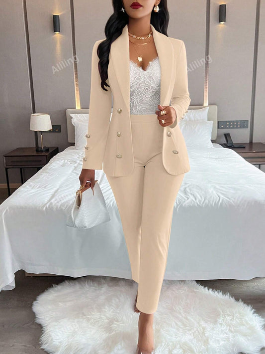 Ladies' Plain Simple Everyday Double-Breasted Long Sleeve Suit Jacket And Pants Suit Set - WestLine Apparel