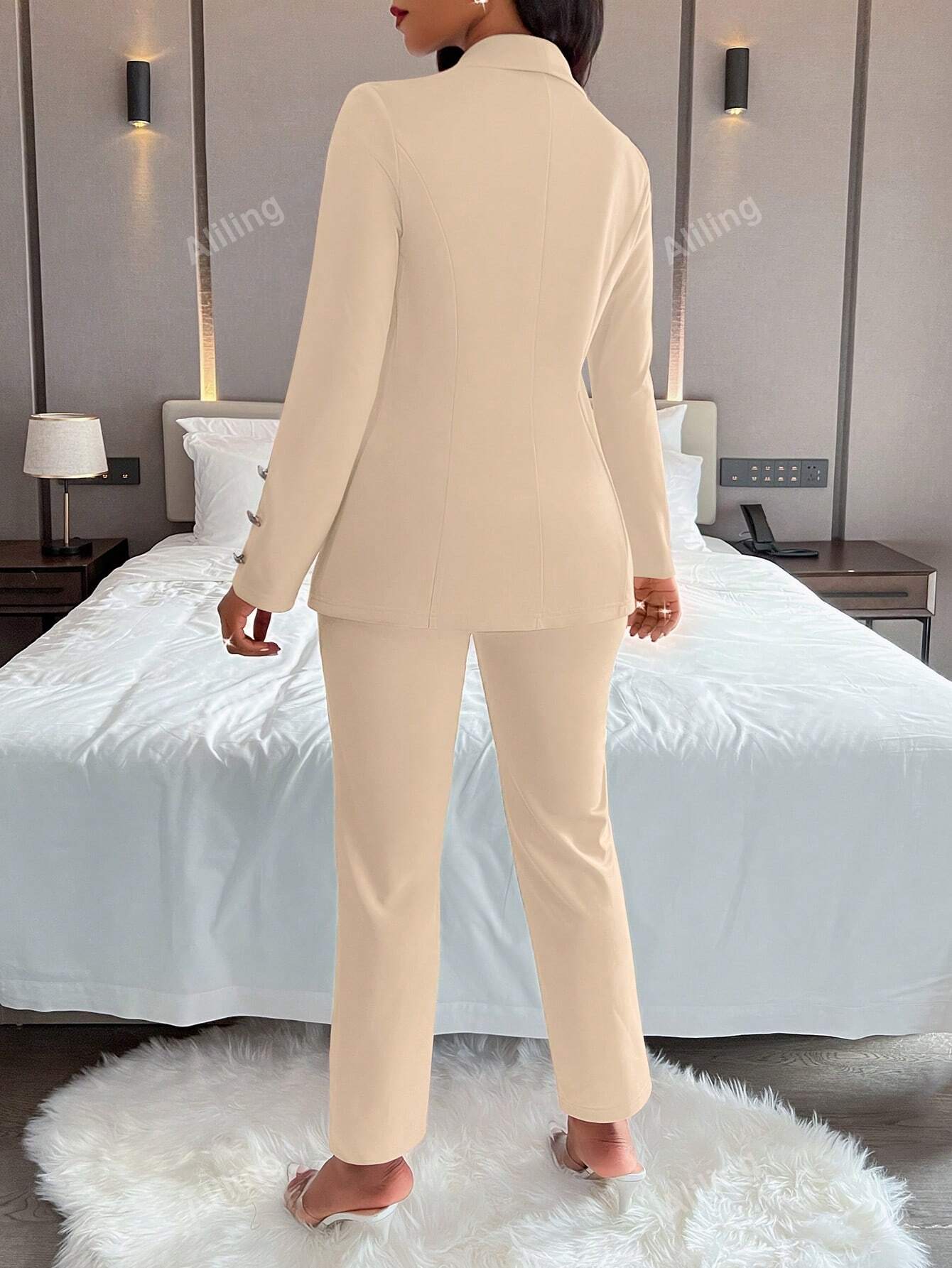 Ladies' Plain Simple Everyday Double-Breasted Long Sleeve Suit Jacket And Pants Suit Set - WestLine Apparel