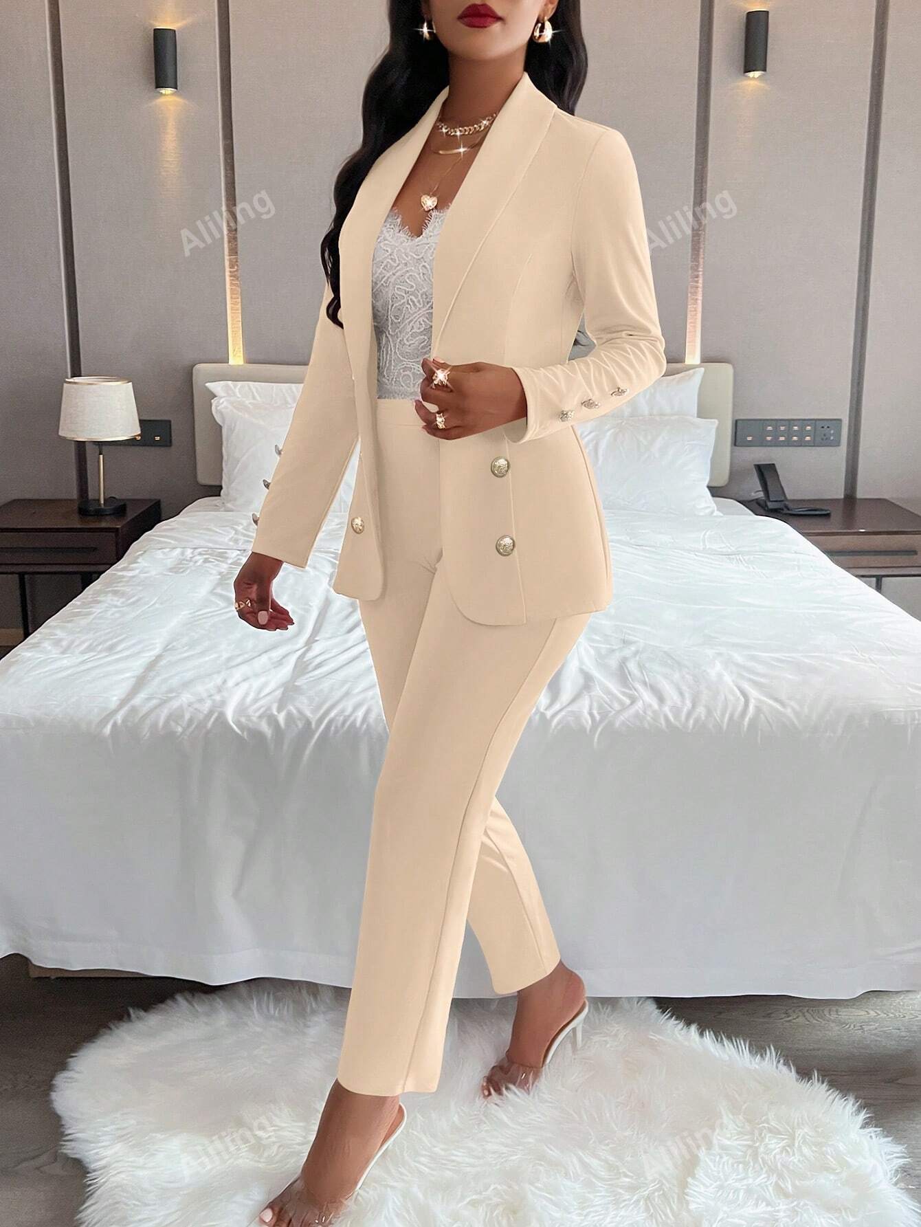 Ladies' Plain Simple Everyday Double-Breasted Long Sleeve Suit Jacket And Pants Suit Set - WestLine Apparel