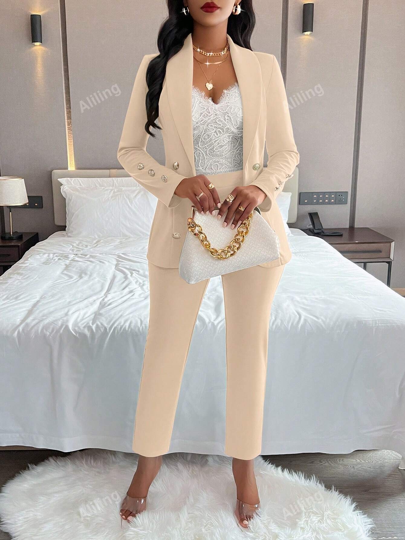 Ladies' Plain Simple Everyday Double-Breasted Long Sleeve Suit Jacket And Pants Suit Set - WestLine Apparel