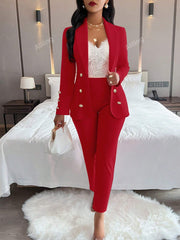 Ladies' Plain Simple Everyday Double-Breasted Long Sleeve Suit Jacket And Pants Suit Set - WestLine Apparel